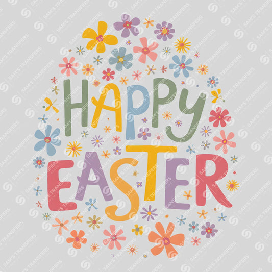 Apparel featuring a Happy Easter Floral-themed DTF transfer.