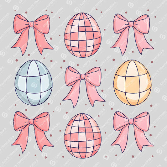 Apparel featuring a Disco Egg Bow Grid-themed DTF transfer.