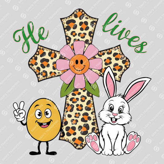 Apparel featuring a He Lives Leopard Cross-themed DTF transfer.