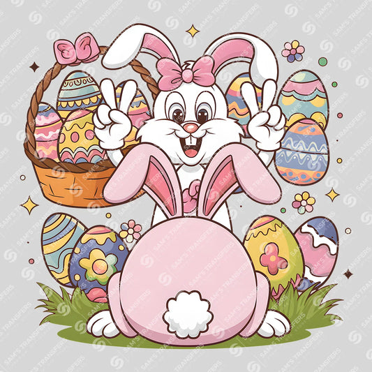Apparel featuring a Peace Bunny Egg Basket-themed DTF transfer.