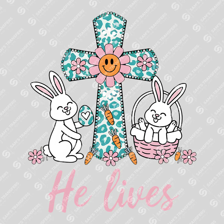He Lives Cross Bunnies Ready-to-Press DTF Transfer | SAT00618