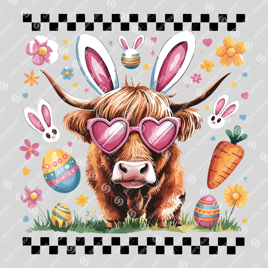 Easter Highland Cow Checkered Ready-to-Press DTF Transfer | SAT00621