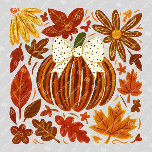 Apparel featuring a Glitter Pumpkin Bow Florals-themed DTF transfer.