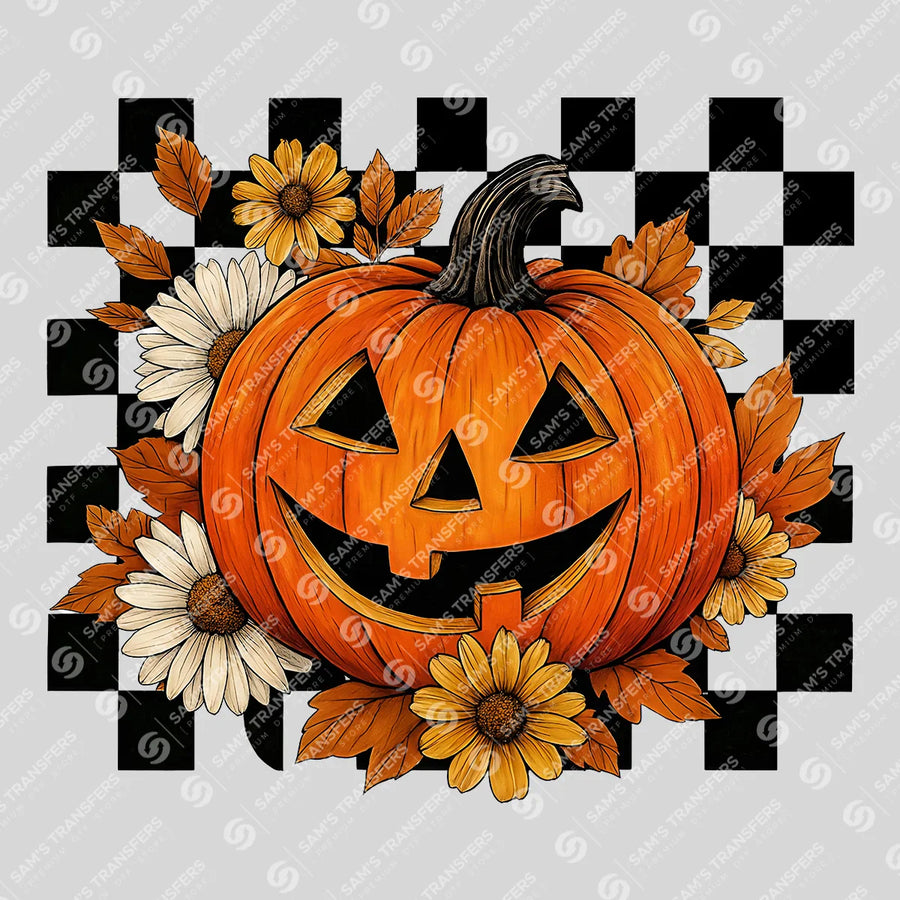 Jack O Lantern Daisy Checkered Ready-to-Press DTF Transfer | SAT00705