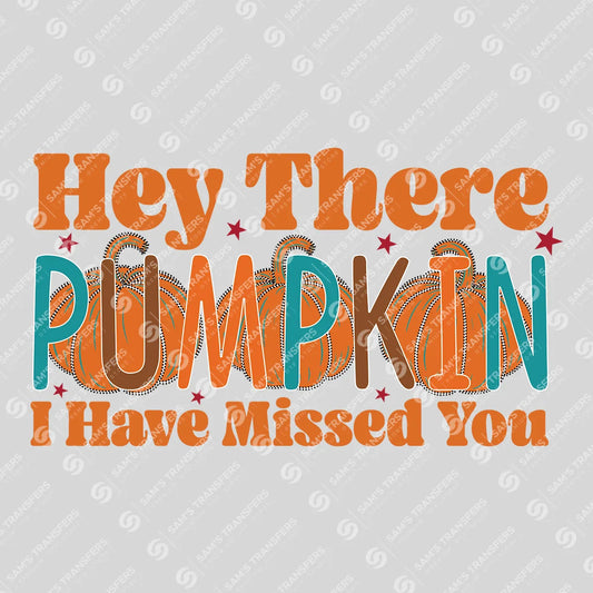 Apparel featuring a Hey There Pumpkin I Have Missed You-themed DTF transfer.