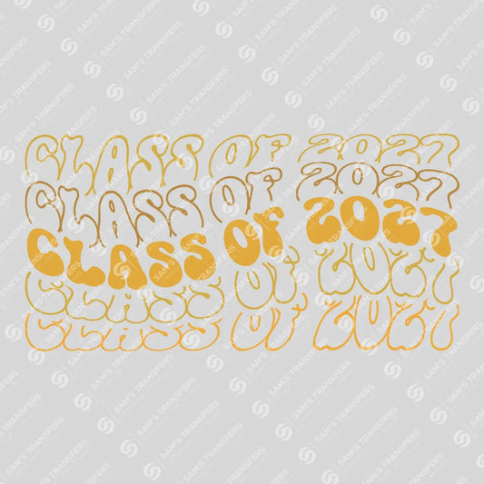 Apparel featuring a Class Of 2027 Groovy Echo-themed DTF transfer.