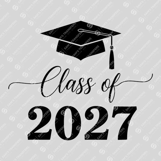 Apparel featuring a Class Of 2027 Thin Script-themed DTF transfer.