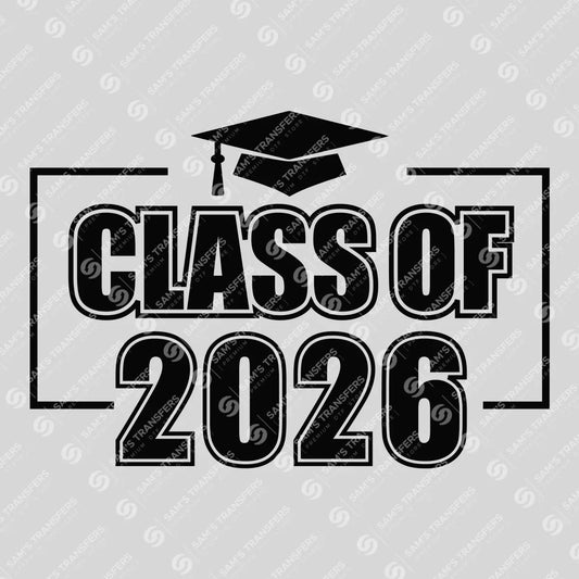 Apparel featuring a Class Of 2026 Box Frame-themed DTF transfer.
