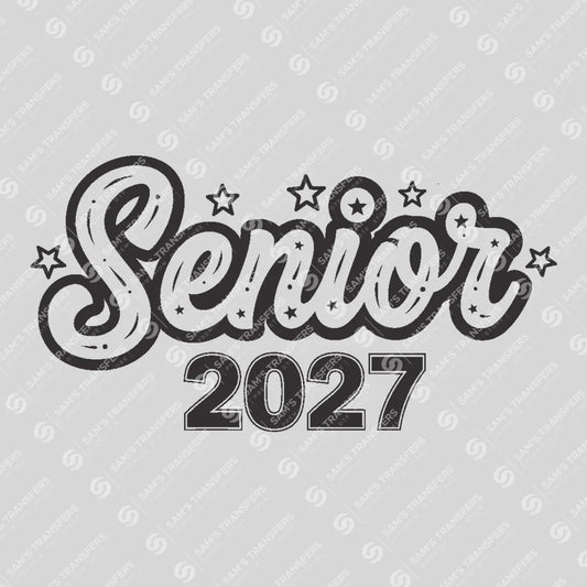 Apparel featuring a Senior 2027 Retro Stars-themed DTF transfer.
