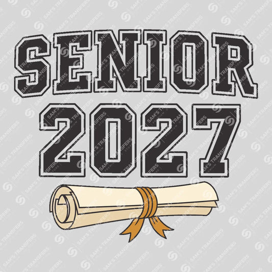 Apparel featuring a Senior 2027 Varsity Scroll-themed DTF transfer.