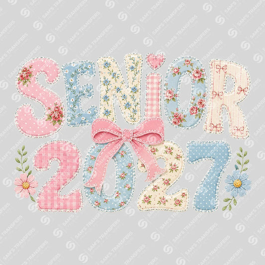 Apparel featuring a Senior 2027 Floral Patchwork-themed DTF transfer.