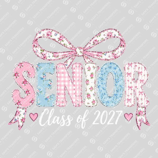 Apparel featuring a Senior Class Of 2027 Patchwork Bow-themed DTF transfer.