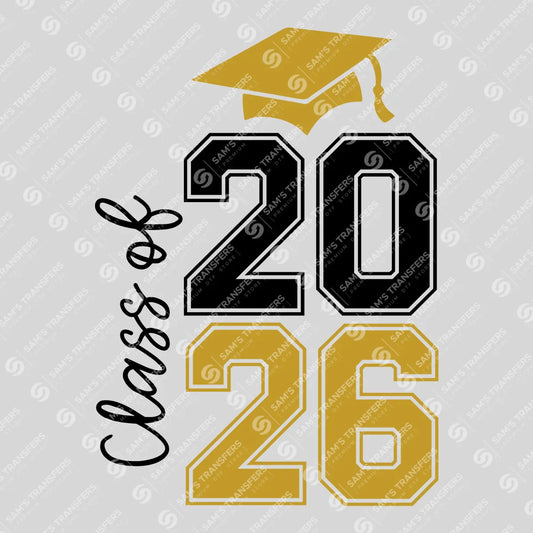 Apparel featuring a Class Of 2026 Vertical Varsity-themed DTF transfer.
