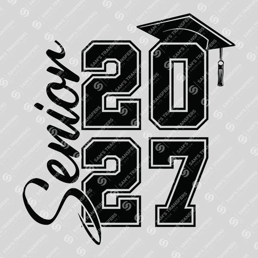 Apparel featuring a Senior 2027 Stacked Cap-themed DTF transfer.