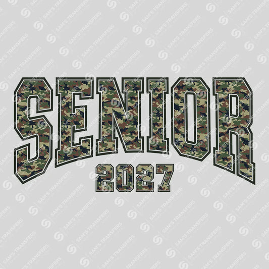 Apparel featuring a Senior 2027 Camo Arch-themed DTF transfer.