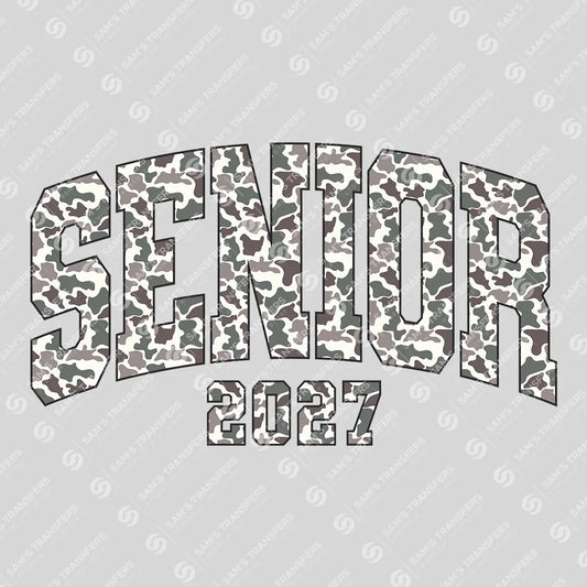 Apparel featuring a Senior 2027 Snow Camo-themed DTF transfer.