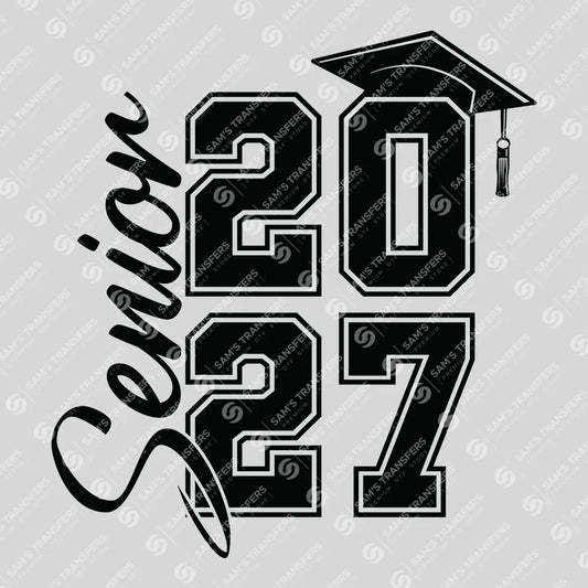 Apparel featuring a Senior 2027 Stacked Script Cap-themed DTF transfer.