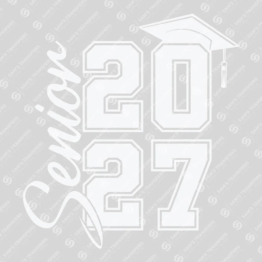 Apparel featuring a Senior 2027 Stacked Script White-themed DTF transfer.