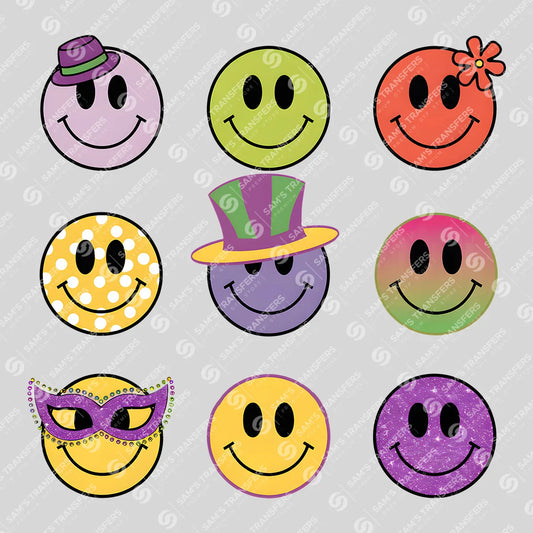 Apparel featuring a Mardi Gras Smiley Faces-themed DTF transfer.