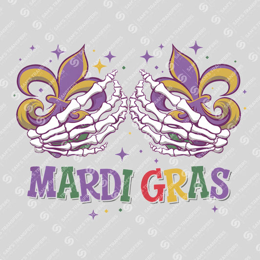 Apparel featuring a Mardi Gras Skeleton Hands-themed DTF transfer.