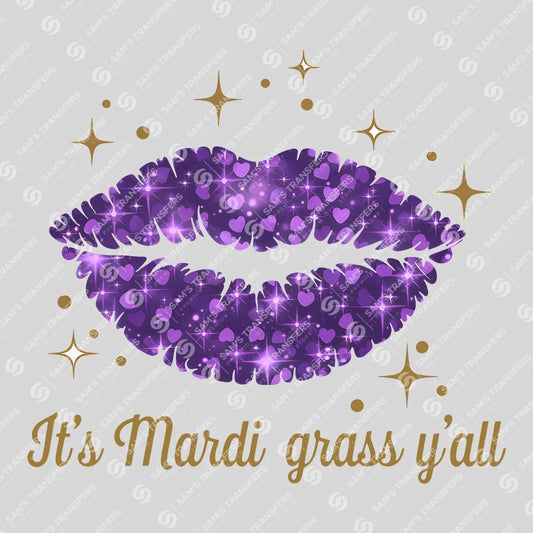 Apparel featuring a Mardi Gras Glitter Lips-themed DTF transfer.