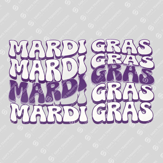 Apparel featuring a Mardi Gras Wavy Stacked-themed DTF transfer.
