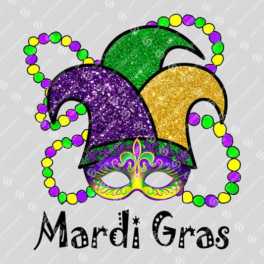 Apparel featuring a Mardi Gras Jester Mask Beads-themed DTF transfer.