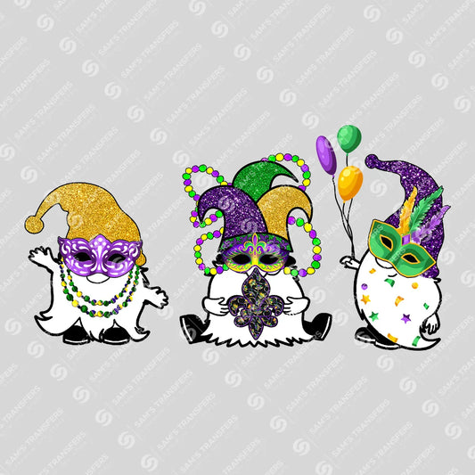 Apparel featuring a Mardi Gras Gnome Trio-themed DTF transfer.