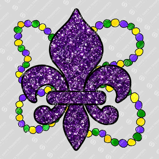 Apparel featuring a Mardi Gras Glitter Fleur De Lis-themed DTF transfer.