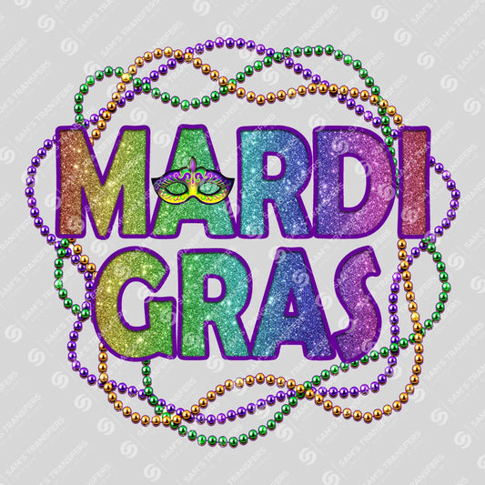 Apparel featuring a Mardi Gras Glitter Beads-themed DTF transfer.
