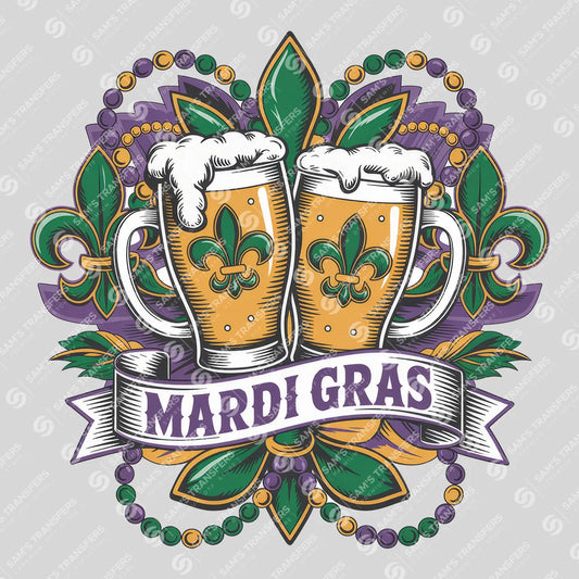 Apparel featuring a Mardi Gras Beer Cheers-themed DTF transfer.