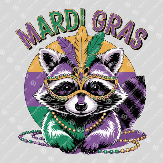 Apparel featuring a Mardi Gras Raccoon-themed DTF transfer.