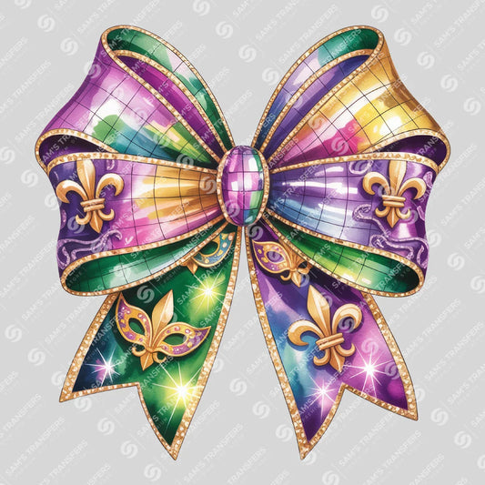 Apparel featuring a Mardi Gras Bow-themed DTF transfer.