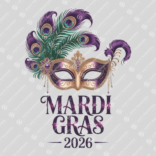 Apparel featuring a Mardi Gras 2026 Peacock Mask-themed DTF transfer.