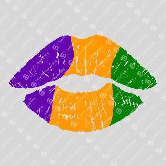 Apparel featuring a Mardi Gras Lips-themed DTF transfer.