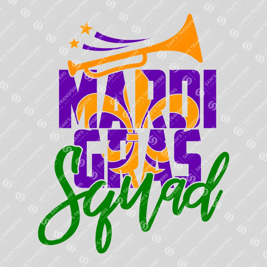 Apparel featuring a Mardi Gras Squad-themed DTF transfer.