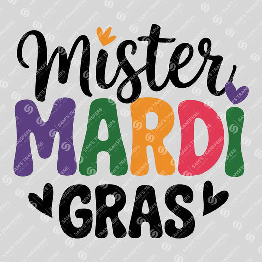 Apparel featuring a Mister Mardi Gras-themed DTF transfer.