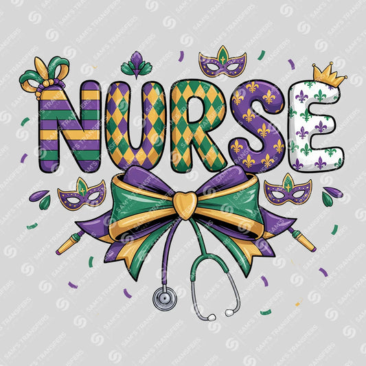 Apparel featuring a Mardi Gras Nurse-themed DTF transfer.