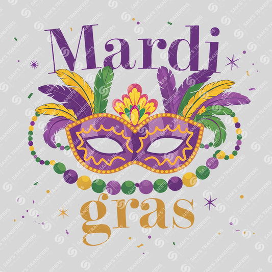 Apparel featuring a Mardi Gras Masquerade-themed DTF transfer.