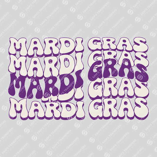 Apparel featuring a Mardi Gras Retro Stack-themed DTF transfer.