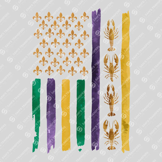 Apparel featuring a Mardi Gras Fleur De Lis Pattern-themed DTF transfer.