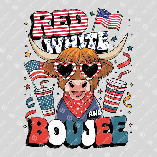 Apparel featuring a Red White and Boujee-themed DTF transfer.