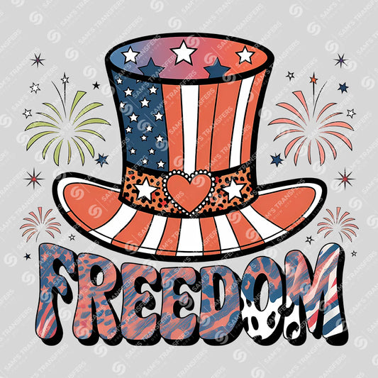 Apparel featuring a Freedom Top Hat-themed DTF transfer.