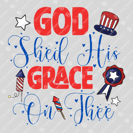Apparel featuring a God Shed His Grace on Thee-themed DTF transfer.