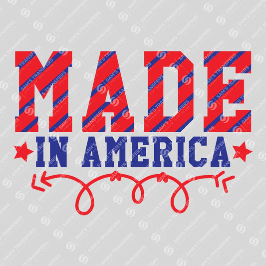 Apparel featuring a Made in America Striped-themed DTF transfer.