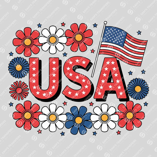 Apparel featuring a USA Floral-themed DTF transfer.