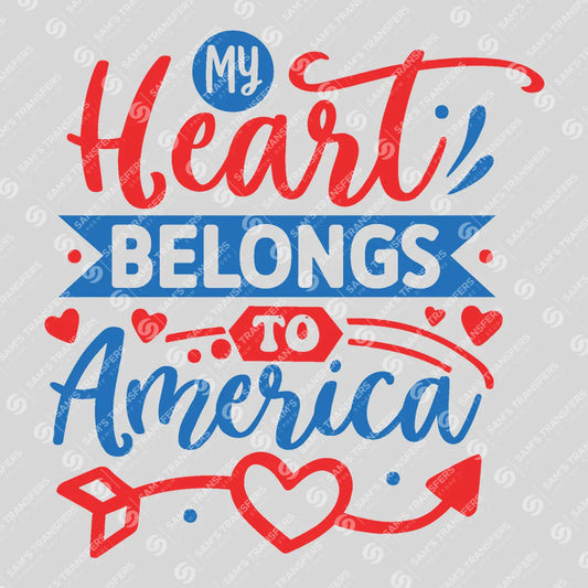 Apparel featuring a My Heart Belongs to America Banner-themed DTF transfer.