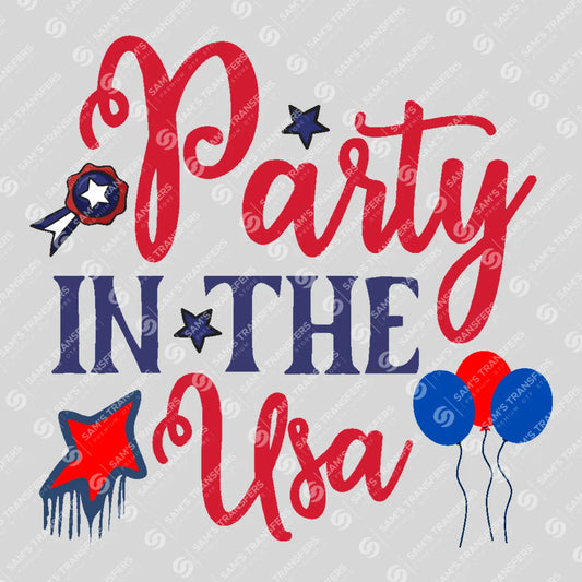 Apparel featuring a Party in the USA Balloons-themed DTF transfer.