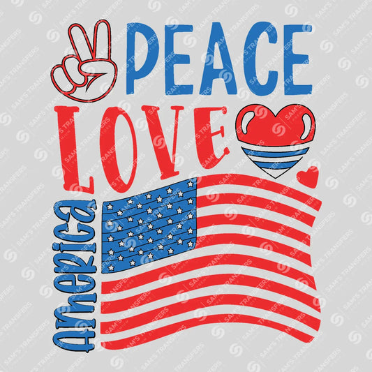 Apparel featuring a Peace Love America Flag-themed DTF transfer.