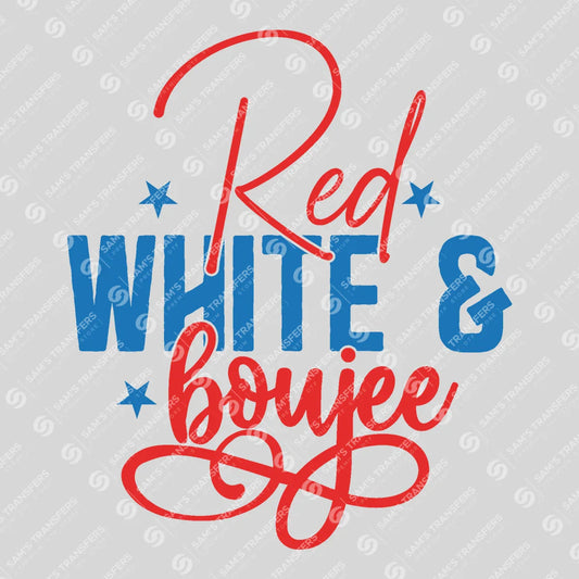 Apparel featuring a Red White and Boujee Script-themed DTF transfer.